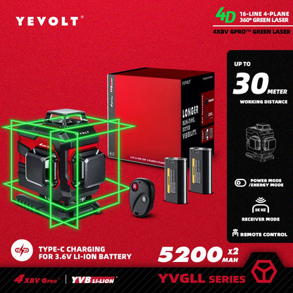 YEVOLT YVGLL4XS16 16 lignes 4 planches outils de niveau Laser vert 4D avec puissance 3Ah/5.2Ah Machine auto-nivelante horizontale et verticale