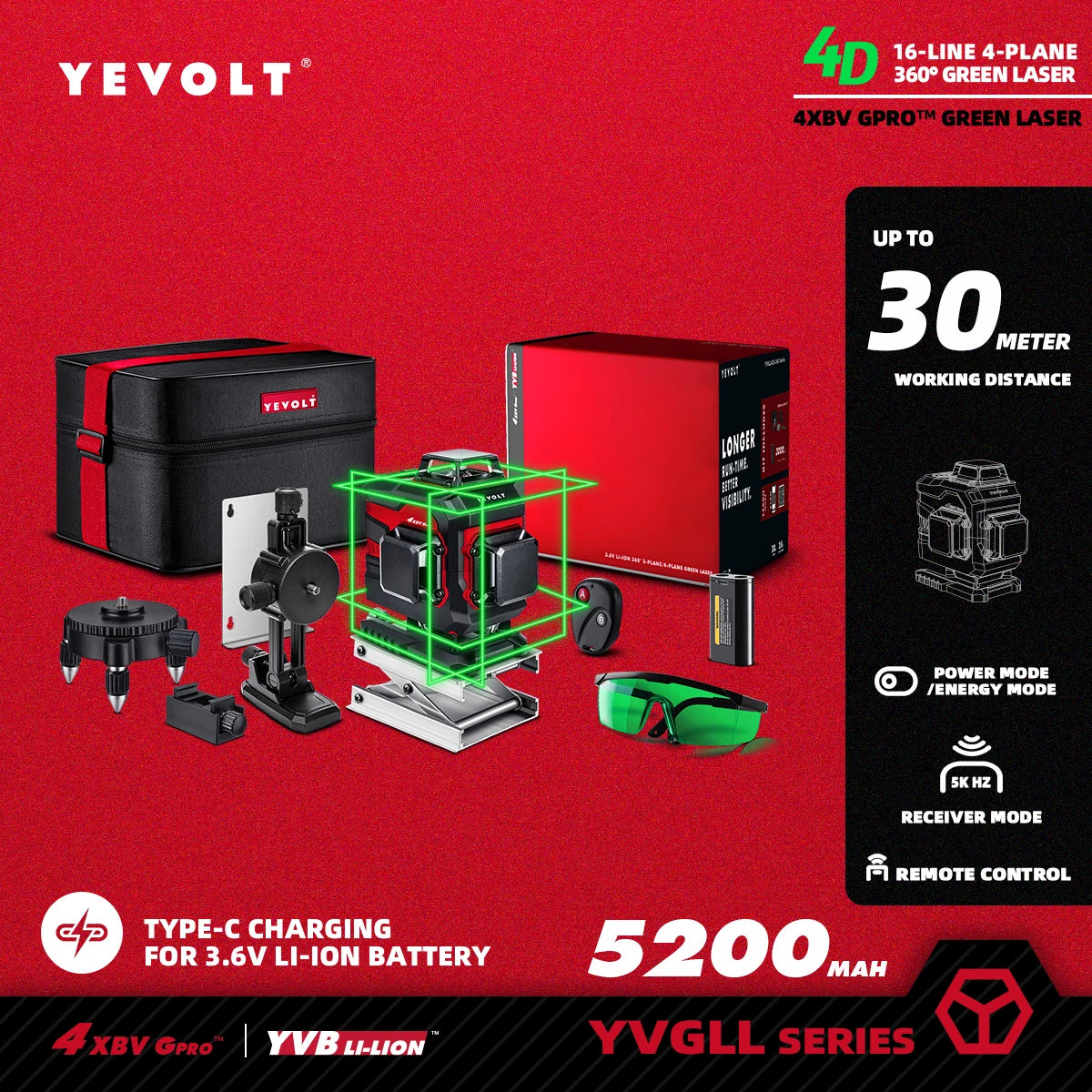 YEVOLT YVGLL4XS16 16 lignes 4 planches outils de niveau Laser vert 4D avec puissance 3Ah/5.2Ah Machine auto-nivelante horizontale et verticale