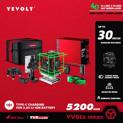 YEVOLT YVGLL4XS16 16 lignes 4 planches outils de niveau Laser vert 4D avec puissance 3Ah/5.2Ah Machine auto-nivelante horizontale et verticale
