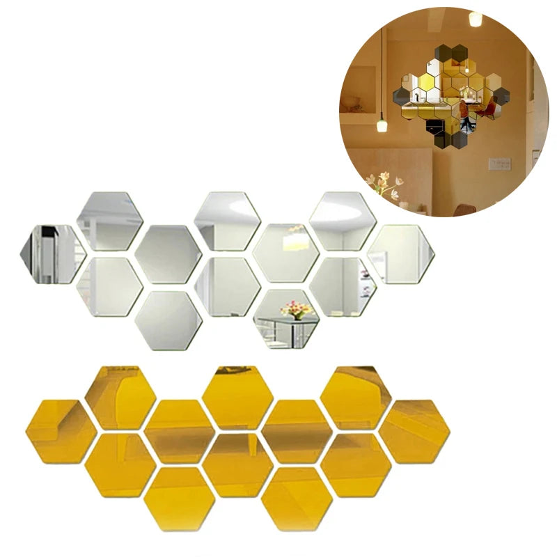 6/12PCS Hexagon Mirror Wall Stickers Acrylic Self Adhesive Mosaic Tile Decals for Room Decoration DIY Art Ornaments Gift