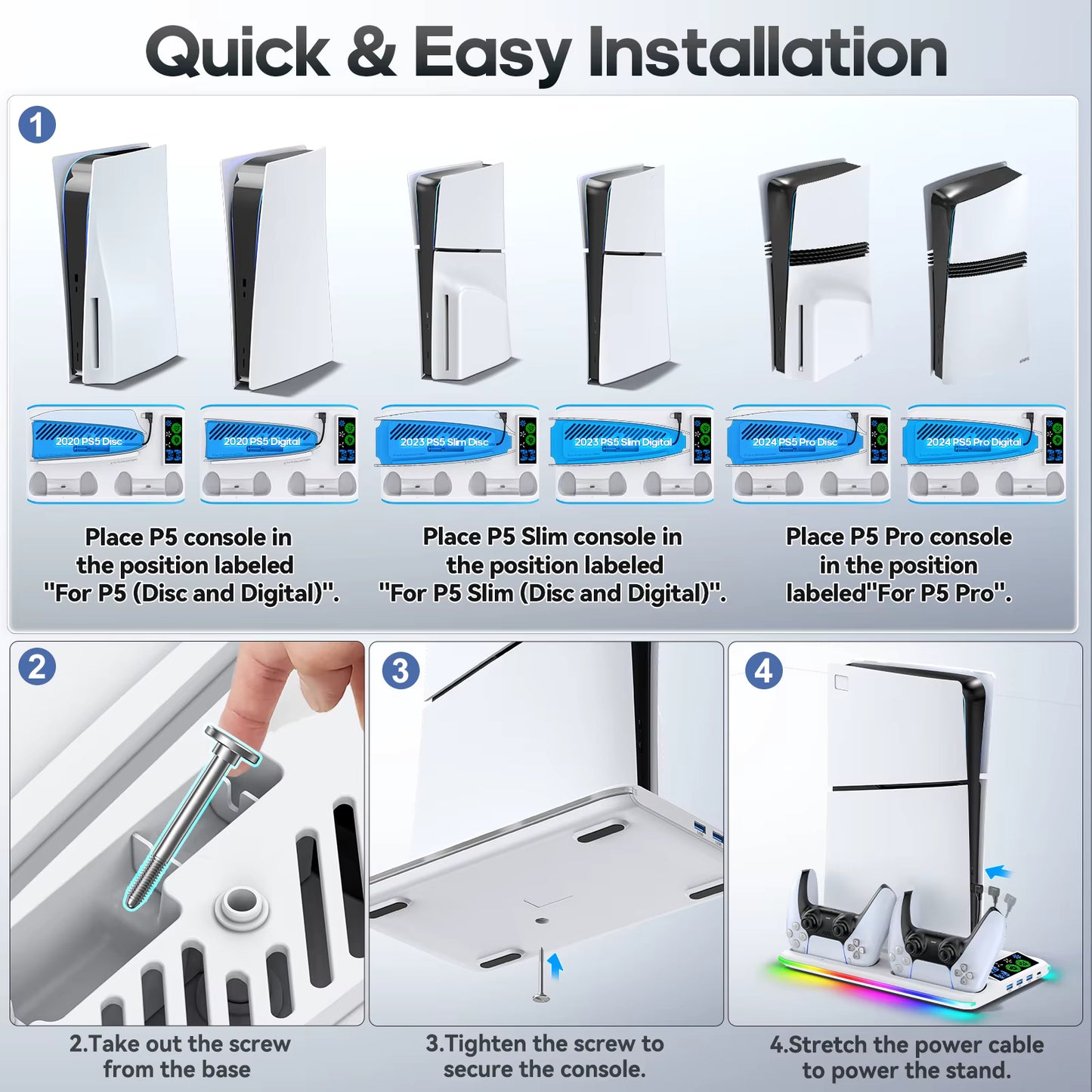 Stand de refroidissement pour PS5/PS5 Slim/PS5 Pro avec crochet casque Station de charge manettes et ventilateur 3 niveaux