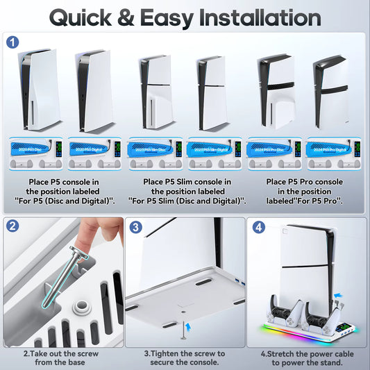 Stand de refroidissement pour PS5/PS5 Slim/PS5 Pro avec crochet casque Station de charge manettes et ventilateur 3 niveaux