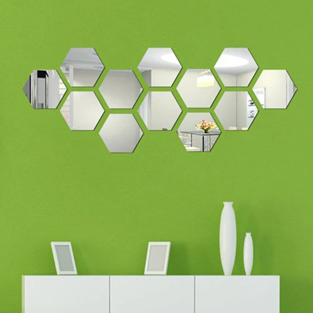 6/12PCS Hexagon Mirror Wall Stickers Acrylic Self Adhesive Mosaic Tile Decals for Room Decoration DIY Art Ornaments Gift