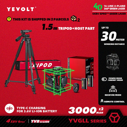 YEVOLT YVGLL4XS16 16 lignes 4 planches outils de niveau Laser vert 4D avec puissance 3Ah/5.2Ah Machine auto-nivelante horizontale et verticale