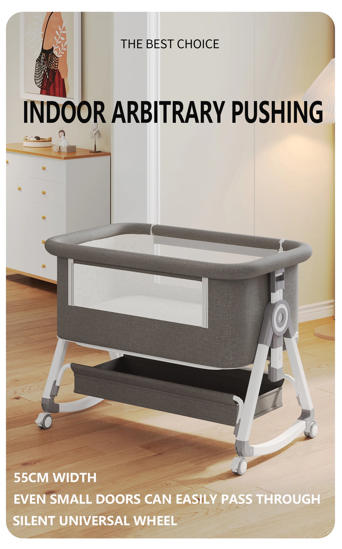 YAZOCO Baby Crib 3 in 1 Bedside Crib Baby Playpen Adjustable Height Rotatable Wheels Cozy Mattress Mosquito for Newborn Baby