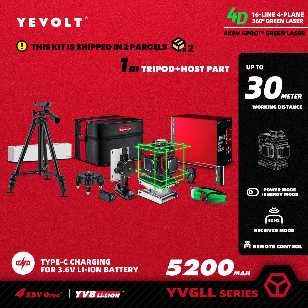 YEVOLT YVGLL4XS16 16 lignes 4 planches outils de niveau Laser vert 4D avec puissance 3Ah/5.2Ah Machine auto-nivelante horizontale et verticale