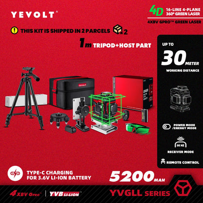 YEVOLT YVGLL4XS16 16 lignes 4 planches outils de niveau Laser vert 4D avec puissance 3Ah/5.2Ah Machine auto-nivelante horizontale et verticale