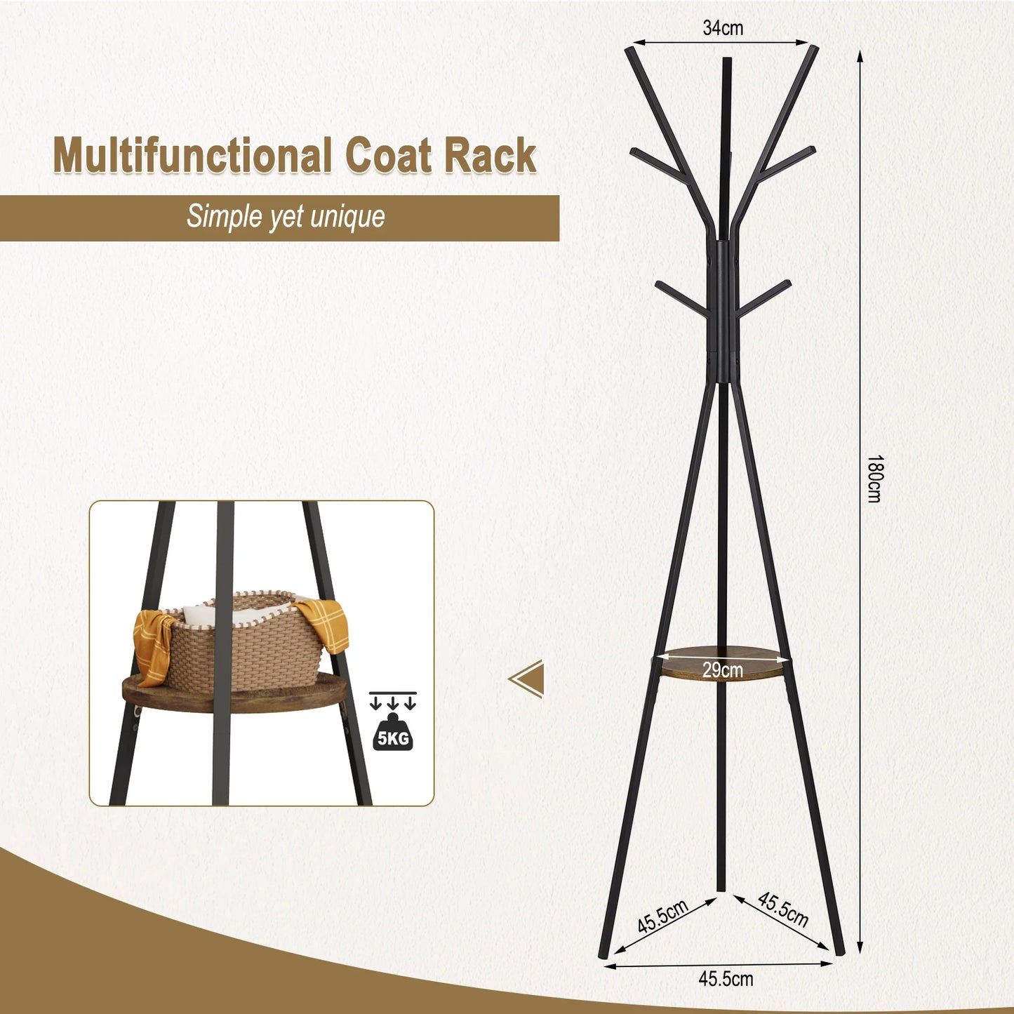 WOLTU Free Standing Hat Clothing Display Stand Coat Rack Tree Shape with 9 Hooks 1 Shelf for Clothes Hats Bags for Living Room