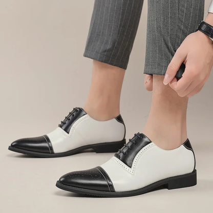 Luxury Classic Men Brogue Oxford Dress Shoes Genuine Cow Leather Black/white Brown Pointed Toe Lace-Up Wedding Party Formal Shoe