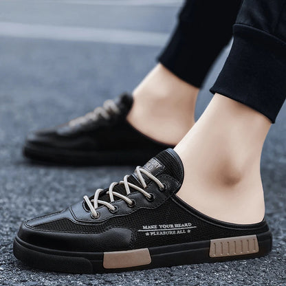 2023 Men's New Lace Up Hollow Breathable Outdoor Comfortable Flat Bottom Half Trailer Men's Shoes