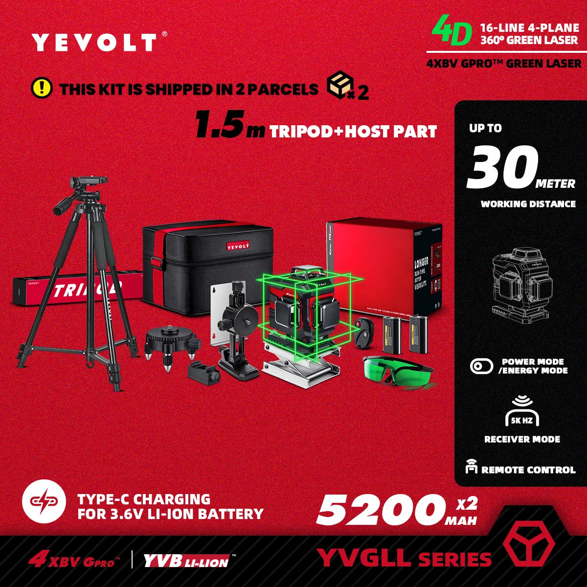 YEVOLT YVGLL4XS16 16 lignes 4 planches outils de niveau Laser vert 4D avec puissance 3Ah/5.2Ah Machine auto-nivelante horizontale et verticale