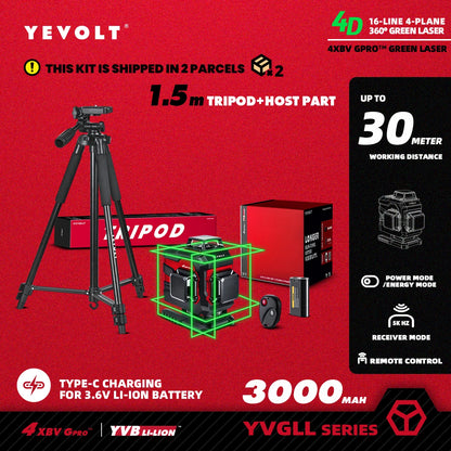 YEVOLT YVGLL4XS16 16 lignes 4 planches outils de niveau Laser vert 4D avec puissance 3Ah/5.2Ah Machine auto-nivelante horizontale et verticale