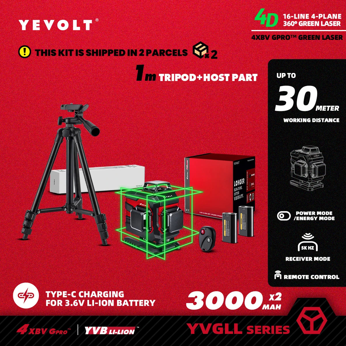 YEVOLT YVGLL4XS16 16 lignes 4 planches outils de niveau Laser vert 4D avec puissance 3Ah/5.2Ah Machine auto-nivelante horizontale et verticale