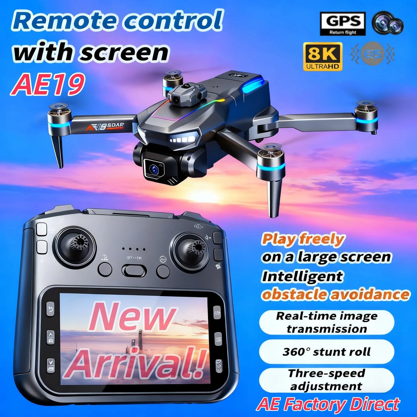 2025 nouveau Drone AE19 8K HD 4.3 "hélicoptère télécommandé en Mode sans tête 360 °   Flip Quadcopter jouets Mini Drone Fors enfant jouet cadeaux