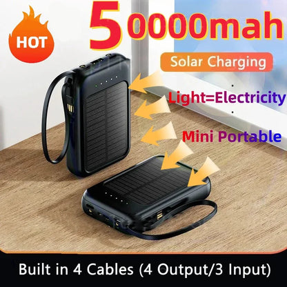 Solar Power Bank 50000mah Built-in Cable Solar Charger 2 USB Ports External Charger Power Bank with LED Light power bank New