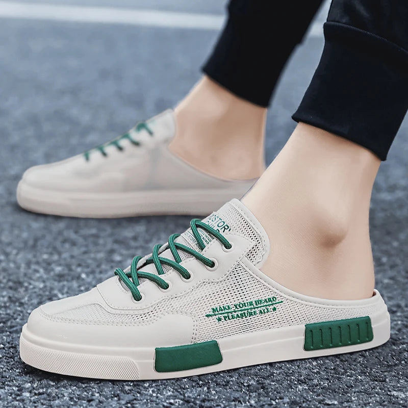2023 Men's New Lace Up Hollow Breathable Outdoor Comfortable Flat Bottom Half Trailer Men's Shoes