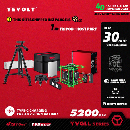 YEVOLT YVGLL4XS16 16 lignes 4 planches outils de niveau Laser vert 4D avec puissance 3Ah/5.2Ah Machine auto-nivelante horizontale et verticale
