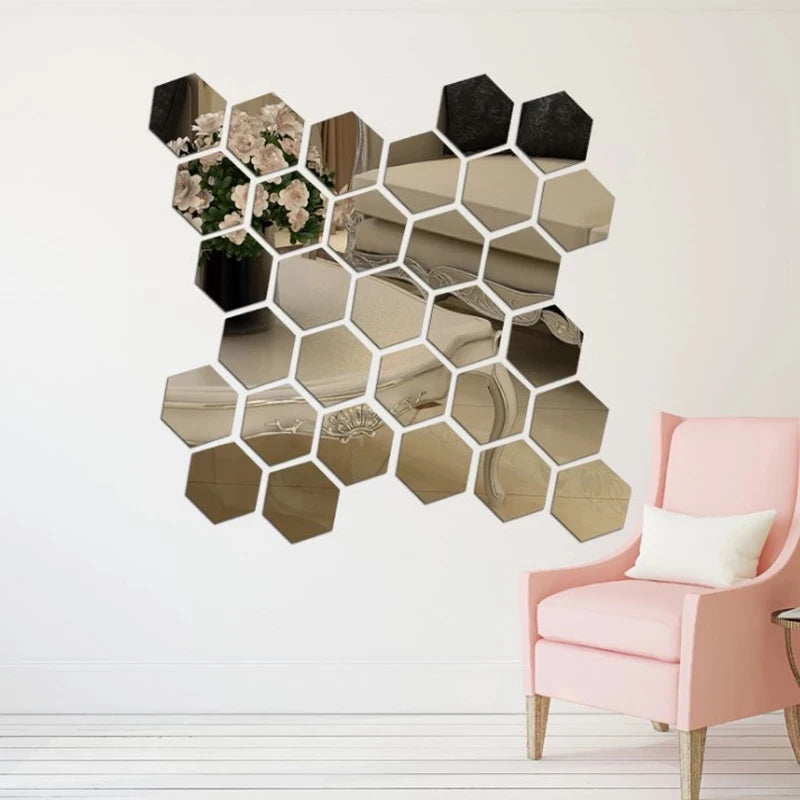 6/12PCS Hexagon Mirror Wall Stickers Acrylic Self Adhesive Mosaic Tile Decals for Room Decoration DIY Art Ornaments Gift