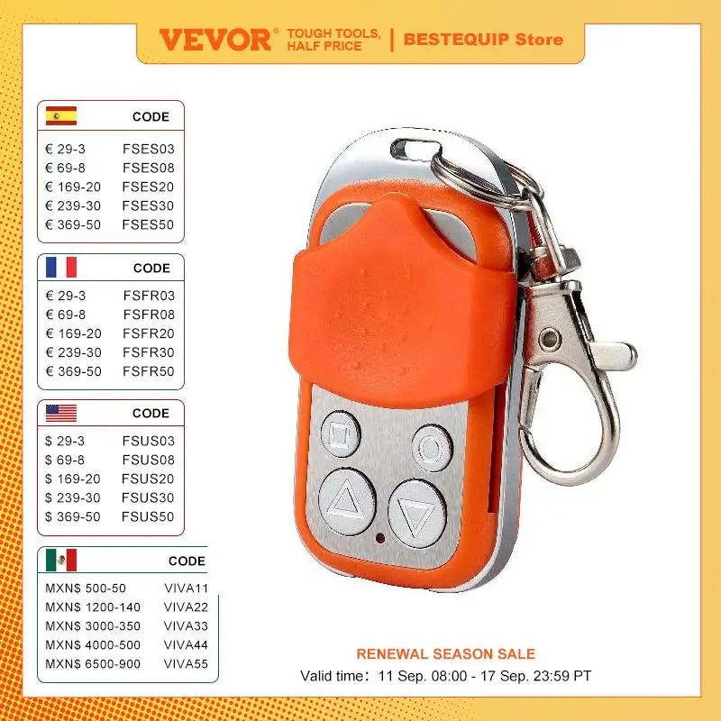 VEVOR Door Remote Control 4Button Garage Gate Door Opener Duplicator Clone Cloning Code Car Key Orange/Black Wireless Waterproof