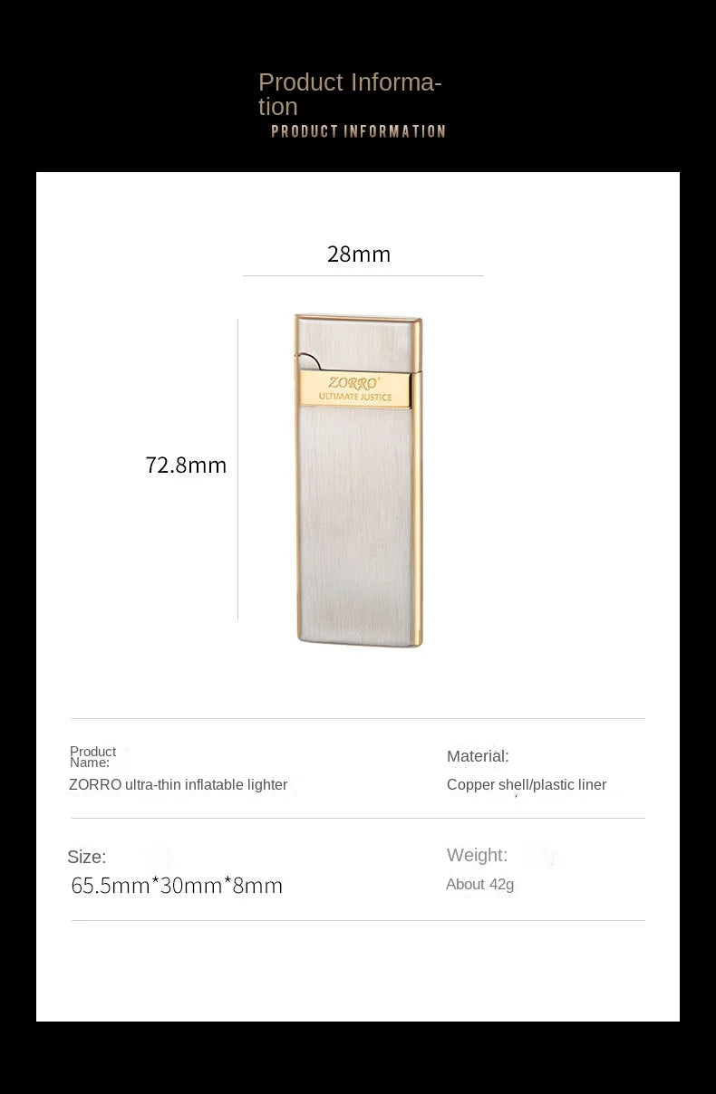 ZORRO Ultra-thin Gas Lighter Grinding Wheel Slim Portable Personalized Men's Gift Cigarette Lighter Cigarette Accessories