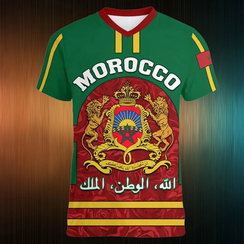 Morocco Football T-shirt For Men Clothing 3d Printed Moroccan Sports V Neck Tee Shirts GYM Tops Short Sleeve Casual Oversized