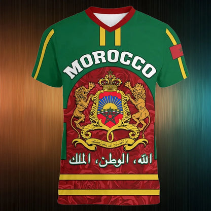 Morocco Football T-shirt For Men Clothing 3d Printed Moroccan Sports V Neck Tee Shirts GYM Tops Short Sleeve Casual Oversized