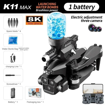 K11 MAX Drone 8K HD pliable FPV ESC RC Tripple caméra positionnement du flux optique sans brosse lancement bombes d'eau