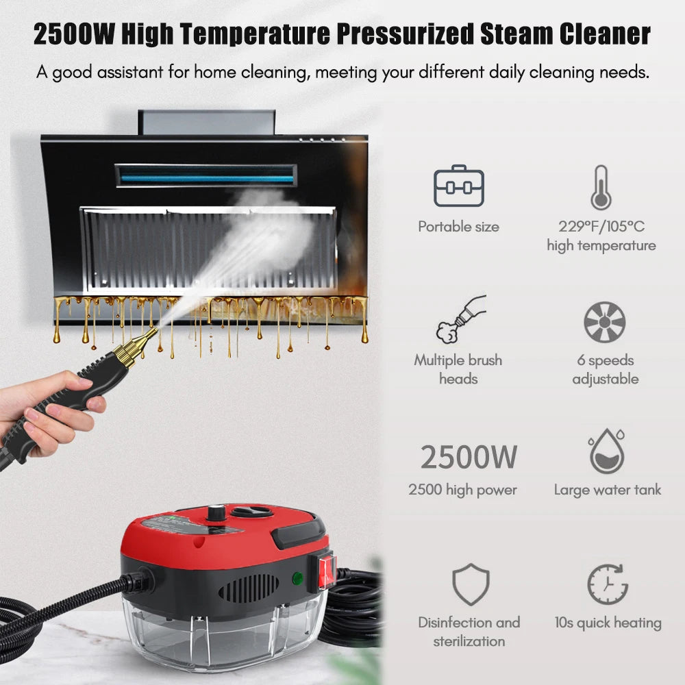2500W Portable Handheld Steam Cleaner High Temperature Pressurized Steam Cleaning Machine with Brush Heads for Kitchen Furniture