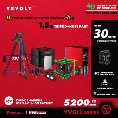 YEVOLT YVGLL4XS16 16 lignes 4 planches outils de niveau Laser vert 4D avec puissance 3Ah/5.2Ah Machine auto-nivelante horizontale et verticale