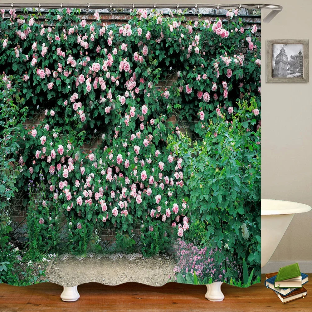 3D Printing Flowers Plant Garden Bathroom Shower Curtain Natural Landscape Home Decoration Waterproof Curtain with Hook Curtain