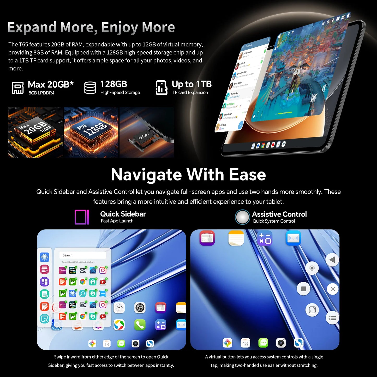 【New】Teclast T65, 13.4 Inch 120Hz Tddi, Android 16 Tablet, (8Gb+12Gb)20Gb Ram, 128Gb Rom, Unisoc T7280, 8 Cores, Mali-G57, 1920X1200, 8000Mah, 4g Volte, Wifi, Gps, 13Mp+5Mp