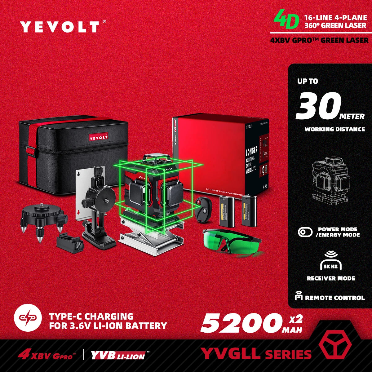 YEVOLT YVGLL4XS16 16 lignes 4 planches outils de niveau Laser vert 4D avec puissance 3Ah/5.2Ah Machine auto-nivelante horizontale et verticale