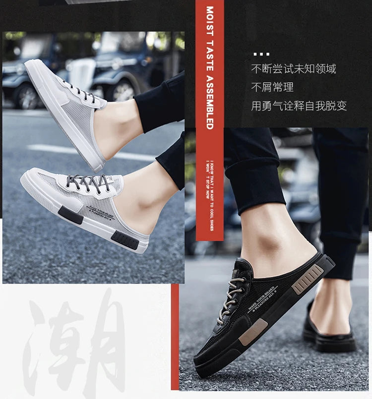 2023 Men's New Lace Up Hollow Breathable Outdoor Comfortable Flat Bottom Half Trailer Men's Shoes