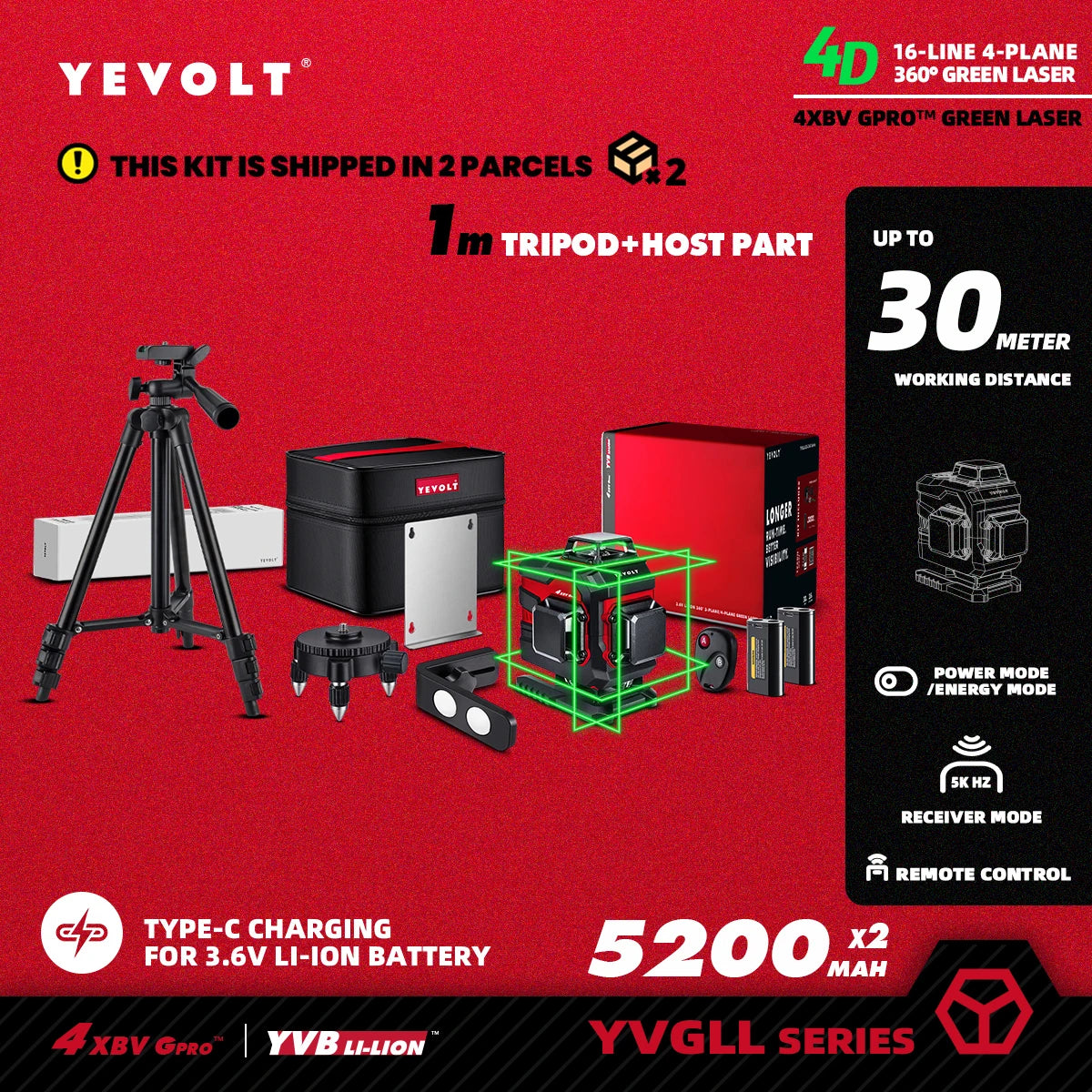 YEVOLT YVGLL4XS16 16 lignes 4 planches outils de niveau Laser vert 4D avec puissance 3Ah/5.2Ah Machine auto-nivelante horizontale et verticale