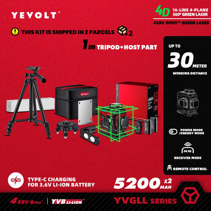 YEVOLT YVGLL4XS16 16 lignes 4 planches outils de niveau Laser vert 4D avec puissance 3Ah/5.2Ah Machine auto-nivelante horizontale et verticale