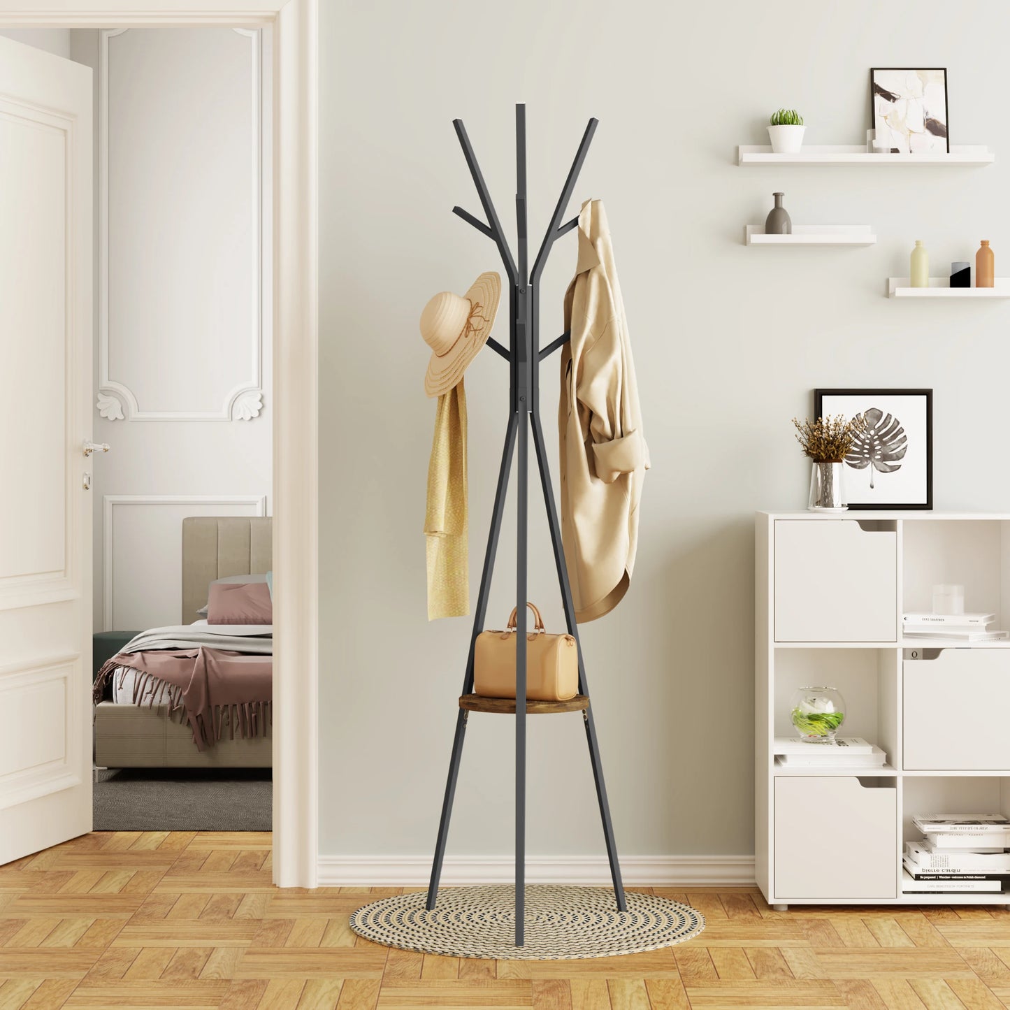 WOLTU Free Standing Hat Clothing Display Stand Coat Rack Tree Shape with 9 Hooks 1 Shelf for Clothes Hats Bags for Living Room