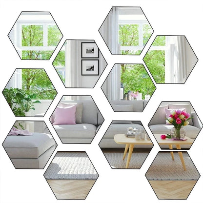 6/12PCS Hexagon Mirror Wall Stickers Acrylic Self Adhesive Mosaic Tile Decals for Room Decoration DIY Art Ornaments Gift