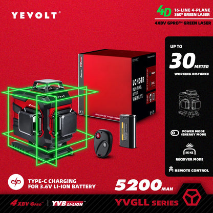 YEVOLT YVGLL4XS16 16 lignes 4 planches outils de niveau Laser vert 4D avec puissance 3Ah/5.2Ah Machine auto-nivelante horizontale et verticale