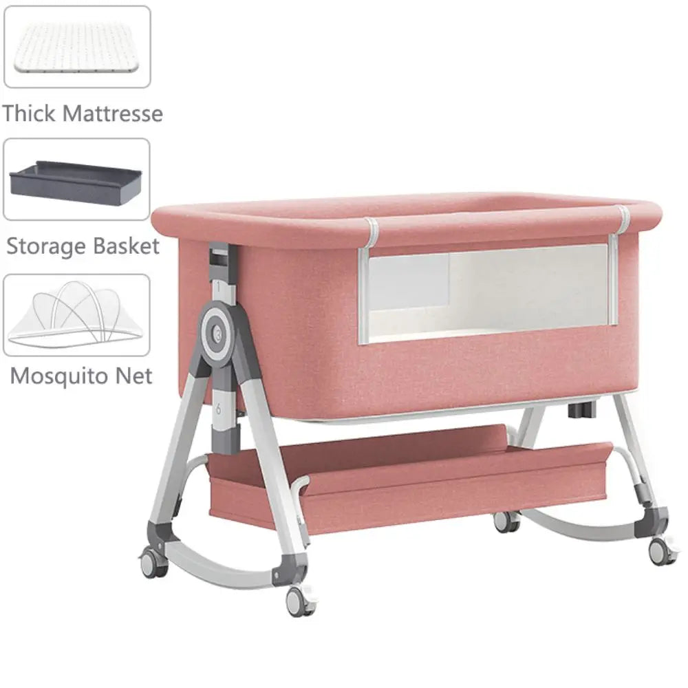 YAZOCO Baby Crib 3 in 1 Bedside Crib Baby Playpen Adjustable Height Rotatable Wheels Cozy Mattress Mosquito for Newborn Baby