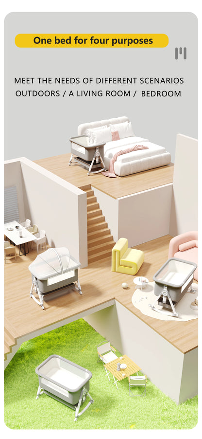 YAZOCO Baby Crib 3 in 1 Bedside Crib Baby Playpen Adjustable Height Rotatable Wheels Cozy Mattress Mosquito for Newborn Baby