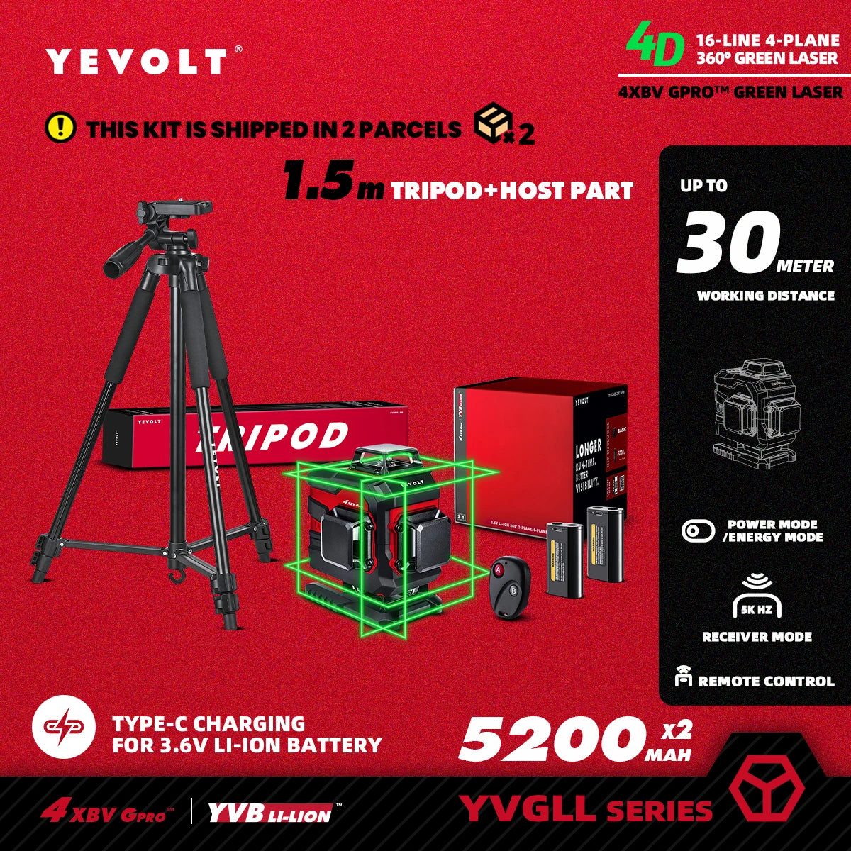 YEVOLT YVGLL4XS16 16 lignes 4 planches outils de niveau Laser vert 4D avec puissance 3Ah/5.2Ah Machine auto-nivelante horizontale et verticale