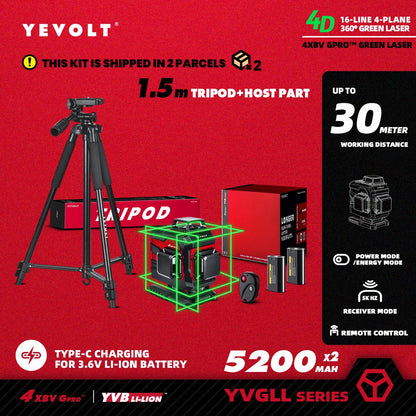 YEVOLT YVGLL4XS16 16 lignes 4 planches outils de niveau Laser vert 4D avec puissance 3Ah/5.2Ah Machine auto-nivelante horizontale et verticale