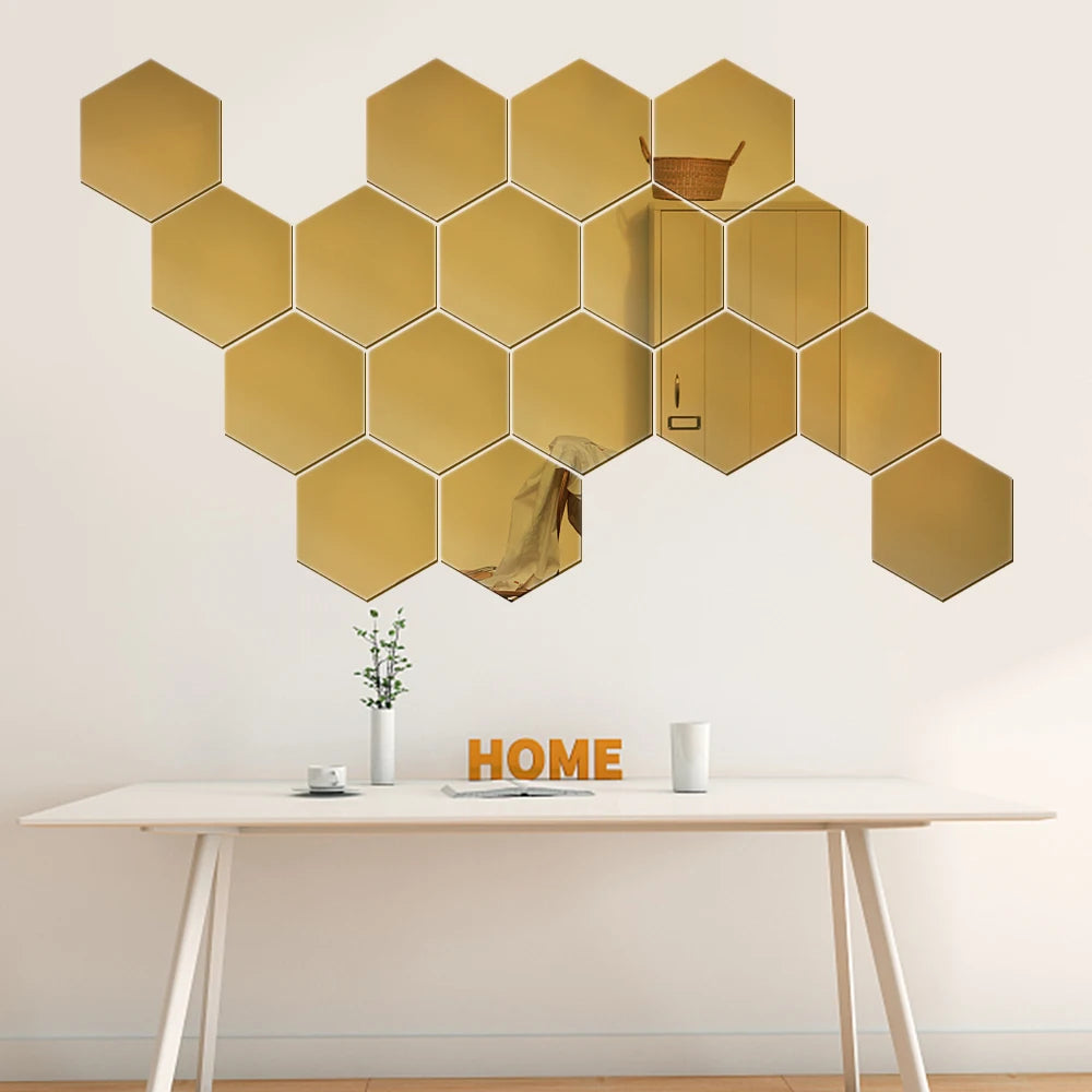 6/12PCS Hexagon Mirror Wall Stickers Acrylic Self Adhesive Mosaic Tile Decals for Room Decoration DIY Art Ornaments Gift