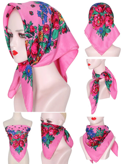 70*70cm Hijabs For Woman Luxury Square Retro Floral Print Kerchief Head Wrap Babushka Headscarf Bufandas Invierno Mujer Foulard