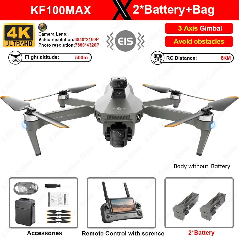 KF100 Max Drone 4K professionnel 3 axes cardan Laser évitement d'obstacles GPS 6KM RC Dron 45 Minutes de temps de vol RC quadrirotor