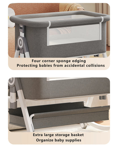 YAZOCO Baby Crib 3 in 1 Bedside Crib Baby Playpen Adjustable Height Rotatable Wheels Cozy Mattress Mosquito for Newborn Baby