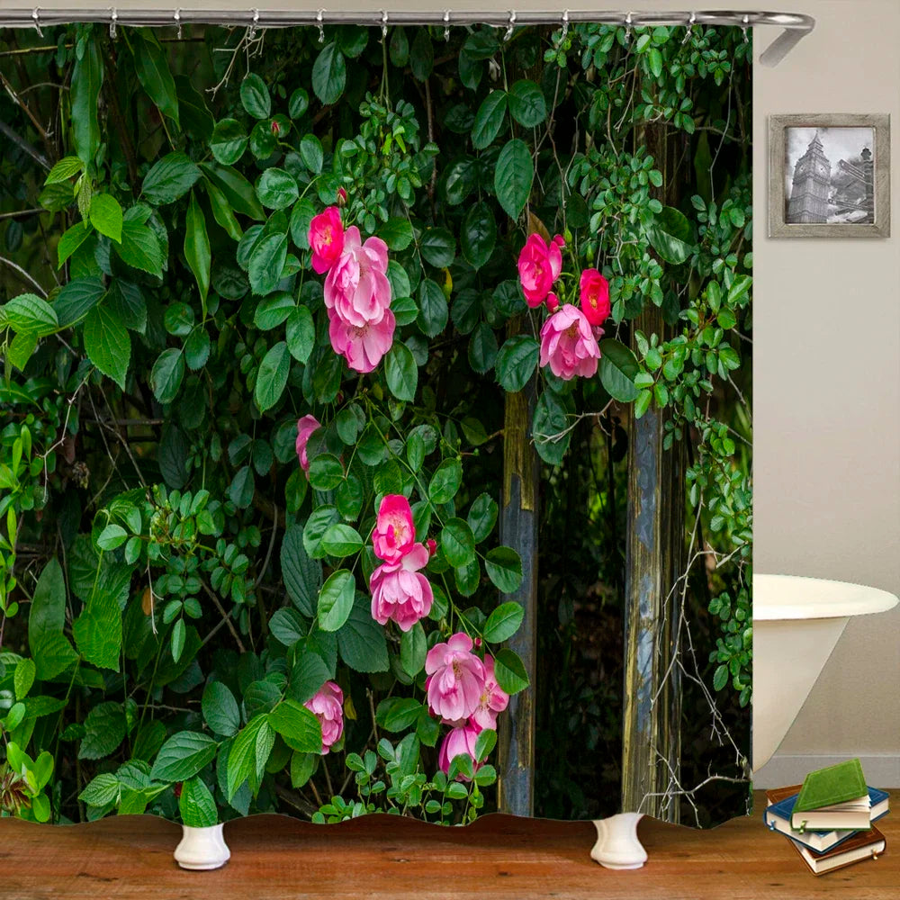 3D Printing Flowers Plant Garden Bathroom Shower Curtain Natural Landscape Home Decoration Waterproof Curtain with Hook Curtain