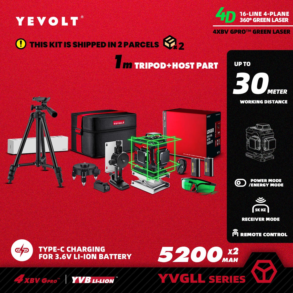 YEVOLT YVGLL4XS16 16 lignes 4 planches outils de niveau Laser vert 4D avec puissance 3Ah/5.2Ah Machine auto-nivelante horizontale et verticale