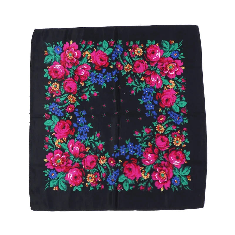 70*70cm Hijabs For Woman Luxury Square Retro Floral Print Kerchief Head Wrap Babushka Headscarf Bufandas Invierno Mujer Foulard