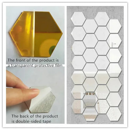6/12PCS Hexagon Mirror Wall Stickers Acrylic Self Adhesive Mosaic Tile Decals for Room Decoration DIY Art Ornaments Gift